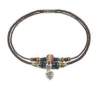 Collier Ras-du-Cou Bohème Double Cordon Marron en Cuir avec Perles et Pendentif Feuille Argentée, 38 cm