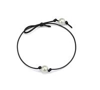 Collier ras du cou en cuir avec perles d'eau douce pour fille - Fait à la main - Noir