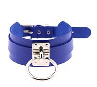 Collier ras du cou en cuir multicolore gothique vintage réglable en argent avec anneau rond pour femme et homme, collier sexy exagéré pour clavicule bleu roi