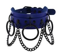 Collier ras du cou en cuir multicolore vintage réglable avec anneau rond noir pour femmes et hommes - Collier sexy exagéré gothique - Chaîne de clavicule bleu roi