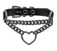 Collier ras du cou en cuir pour entraînement de yoga, jouets pour couple, jeux de chambre à coucher, ras du cou réglable fait à la main avec anneau en métal en forme de cœur (Longue chaîne noire)