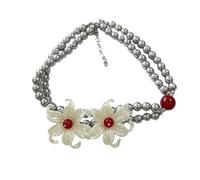Collier ras du cou gothique en forme de fleur d'iris, perles argentées avec accents rouges, bijoux vintage pour femme, collier de clavicule réglable, taille unique, argent sterling, sans pierre
