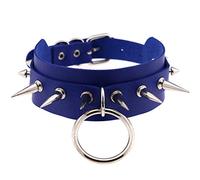 Collier ras du cou gothique multicolore en cuir avec pendentif rond et anneau rond - Collier vintage réglable pour femme et homme - Collier sexy exagéré - Bleu roi