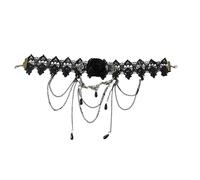Collier ras du cou gothique noir foncé en dentelle pour femme avec pendentif à franges et breloque rose pour Halloween, taille unique, Dentelle