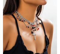 Collier ras du cou gothique vintage avec croix superposée pour femme - Perle de sorcière noire et accents de zirconium, accessoire idéal pour costume de sorcière d'Halloween