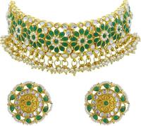 Collier ras du cou indien plaqué or floral traditionnel avec pierres Kundan et perles de travail avec boucles d'oreilles pour femme, métal, sans pierre précieuse