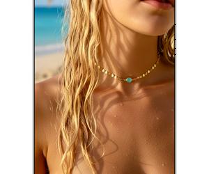 Collier ras du cou plaqué or 14 k, chaine cercles doré, pierre vert d'eau