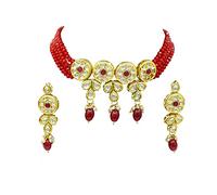 Collier ras du cou traditionnel patti avec perles de cristal indien plaqué or et boucles d'oreilles en alliage d'acier sans pierre précieuse