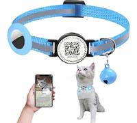 Collier réfléchissant intelligent pour chat - Collier anti-perte avec porte-AirTag - Collier en nylon réglable avec breloque cloche pour chats et chatons (bleu clair avec clochette, avec support
