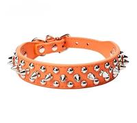 Collier réglable en cuir pour chien de compagnie - Collier universel à pointes avec rivets en cuir pour animal domestique (orange, S)