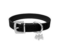 Collier rembourré en cuir synthétique de couleur unie pour animal domestique avec pendentif pour chiot et boucle en strass - Collier de dressage imperméable pour chihuahua - Bouledogue français - Noir