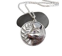 Collier renard et fougère en argent sterling 925. Symbole animal spirituel des bois. Pendentif rusé et puissant. Bijou cadeau à breloques, force et vivacité d'esprit | Chaîne de 45 cm | Plaqué