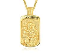Collier Saint Antoine en argent sterling 925 - Bijoux catholiques - Amulette - Cadeau religieux - Pendentif Anthony pour homme - Avec chaîne de perles en acier inoxydable - 55,9 cm + 5,1 cm (doré