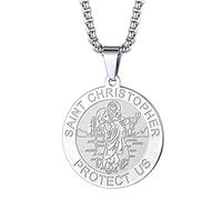 Collier Saint Christophe avec pendentif Saint Michel George Barbara pour homme et femme Le sceau des sept archanges Médaille religieuse Médaille Disque Bijoux Cadeau Chrétien, Acier inoxydable