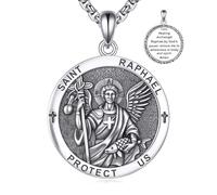 Collier Saint Raphael en argent sterling 925 pour hommes et femmes Saint Raphaël Pendentif saint patron de la guérison et des voyageurs Médaillon archange catholique 55 + 5 cm Chaîne réglable Coffret