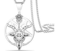 Collier Satanique Pentagramme Baphomet, Pendentif Pentacle À L'envers Acier Inoxydable Satanisme Église Punk Gothique Bijoux Cadeaux Satan Chèvre Chapelet Perles Collier Pour Hommes Femmes (Argent 1)