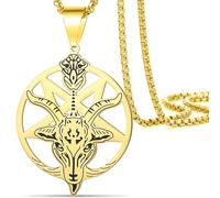 Collier Satanique Pentagramme Baphomet, Pendentif Pentacle À L'envers Acier Inoxydable Satanisme Église Punk Gothique Bijoux Cadeaux Satan Chèvre Chapelet Perles Collier Pour Hommes Femmes (Or 1)