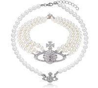 Collier Saturne pour femme - Lot de 2 colliers ras du cou en perles de Saturne et perles blanches pour la fête des mères, la Saint-Valentin, un anniversaire, Noël, cadeau pour sa maman, épouse