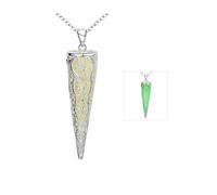 Collier Sautoir Pendentif Steampunk Plaqué Argent en forme de Cône Perforé, Médaillon Fée Magique Vert Fluorescent Lumineux Rougeoya