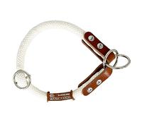 Collier Semi Etrangleur pour Chien, Anti Traction Dressage pour Petits Moyens Grands Chiens. Coton et Cuir. Blanc & Cognac. XL.