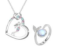 Collier sirène pour fille avec pendentif cœur et bague queue de sirène, boîte cadeau rose, idéal pour les anniversaires et occasions spéciales, accessoire magique et scintillant pour petites prin