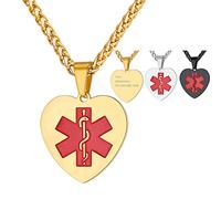 Collier symbole médical Pendentif coeur ton doré Alerte d'identification rouge Cadeau fête des mères Médaille nom personnalisable Chaîne militaire 55cm Pendentif charm