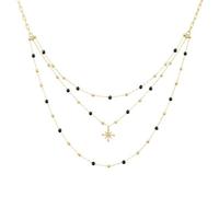 Collier Triple Rang Femme AUSTRALE Acier Doré Perles Noires Mousqueton et Noir