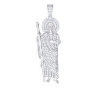 Collier unisexe en argent sterling 925 avec pendentif en forme de baguette ronde CZ imitation diamant Saint Jude 58,7 x 18,2 mm de large pour femme