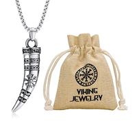 Collier viking en forme de corne pour homme - En acier inoxydable massif - Médiéval - Nœud celtique - Boussole Viking - Pendentif en corne - Sac cadeau - Amulette Viking - Cadeau pour homme, Métal
