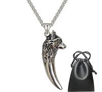 Collier Viking Pendentif Tête de Loup Celtique, Odin Dent de Loup Bijoux en Acier Inoxydable Cadeau Amulette Punk Vintage Nordique - Chaîne de 60 Cm Hommes Et Femmes