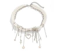 Collier vintage en forme d'étoile et de cœur avec pampilles et perles d'imitation - Bijoux pour filles et femmes d'âge mûr - Chaîne en cuivre avec pendentif, taille unique, Comme décrit, Comme décrit.