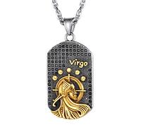 Collier Zodiaque Vierge Acier Homme-Pendentif Plaque Militaire Signe Astrologique Vierge Plaqué Or et en Strass Brillante-Bijoux 12 Constellations pas Cher avec Chaîne Gratuite Réglabel 55-60cm