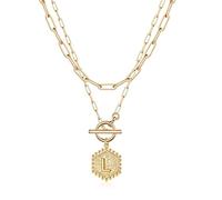 Colliers avec initiale en or 14 carats plaqué or 14 carats - Collier avec pendentif en forme de lettre hexagonale - Fermoir à bascule - Colliers ras du cou pour femme