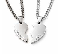 Colliers Couple Cœur Séparable Personnalisé Prénoms - Pendentif Amitié ou Amour à Graver - Acier Inoxydable 316L - Cadeau Saint Valentin Homme Femme - Fabrication France (Argent)