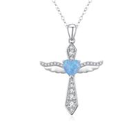 Colliers croix en argent sterling 925 pour femmes, collier avec pendentif croix à ailes d'ange en ton or/argent. (Argent + opale bleue)
