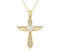 Colliers croix en argent sterling 925 pour femmes, collier avec pendentif croix à ailes d'ange en ton or/argent. (Or + opale blanche)