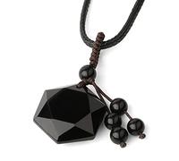 Colliers for femmes, collier pendentif hexagramme à facettes en obsidienne for femmes - Collier pendentif en pierre naturelle tissée à la main avec pompon en perles de pierre des sept chakras(Obsidian