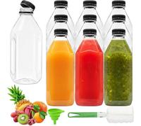 Coloch Lot de 10 bouteilles de jus en plastique transparent de 1 l avec bouchons noirs, vides et réutilisables, pour eau, jus, boissons, boissons froides, pique-nique, usage domestique