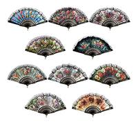 Coloch Lot de 10 éventails pliants à fleurs espagnoles avec côté en plastique, vintage avec motifs rétro pour mariage, fête dansante, cosplay, cadeau fantaisie, décoration murale, motif aléatoire