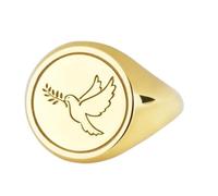 Colombe en argent sterling 925 avec rameau d'olivier | Bague plaquée or | Chevalière ronde 14 x 14 mm | Taille de l'anneau : 5-12,5 US Avelaibal | LKDR_0254