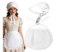 Colonial Pilgrim Costume Set - Women's White Cap And Half Apron Cosplay | 2-piece Polyester Pilgrim Cosplay Set With White Cap And Half Apron For Halloween, School Plays, Carnival Performances And Ph