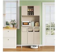 Colonne de Cuisine 3 Portes, Micro-ondes et Tri des Dechets - YEAVIO - MDF, Blanc et Decor Bois Clair, 80×35×181 cm
