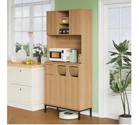 Colonne de Cuisine 3 Portes, Tri des Dechets, Niche Micro-ondes - ELVMI - Etageres Reglables, MDF, Naturel, 80×35×181 cm