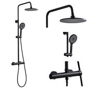 Colonne de Douche avec Mitigeur Noir, Rond Ensemble de Douche sans Thermostat, Réglable en Hauteur 80-117cm, Système de Douche Set Laiton avec 23 cm Tête de Douche, Douchette 3 Types de Jets