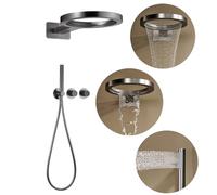 Colonne de Douche Encastrable Forme d'anneau, Ensemble de Douche Encastré Colonne Douche avec 36cm Anneau Tête de Douche, Douchette, Système de Douche, Mitigeur Douche Corps en Laiton (Gris)