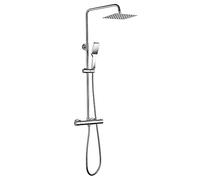 Colonne de douche extra longue avec tube rond extensible de 100 à 150 cm. et robinetterie thermostatique au toucher froid anti-brûlures. Douche à main et pommeau supérieur carré. Pièces de rechange garanties.