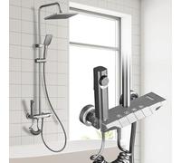 Colonne de Douche Gris Foncé Avec Jet Supérieur En Acier Inoxydable, Système de Robinetterie de Douche à Hauteur Réglable, Ensemble de Douche Avec Douchette Bidet Pour Salle de Bain