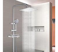 Colonne de Douche, Mitigeur Douche avec Étagère, Hauteur Réglable entre 82-123cm, Ensemble de Douche pour Salle de Bain, Carré, Pommeau Douche 30x30cm, Douchette avec 3 types de jet