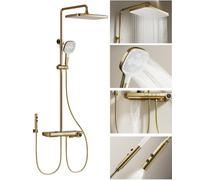Colonne de Douche Or Brossé Thermostatique, Affichage Numérique LED | Ensemble de Colonne avec Mitigeur,350x220mm Pommeau de Douche, Robinet de Baignoire Cascade, Pistolet de Douche, Douchette