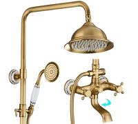 Colonne de Douche Rétro, 3 Fonction Ensemble de Douche, 8in/20cm Rond Système de Douche Antique, Porcelaine Bleue et Blanche, Robinet de Baignoire de Rotation à 90°, Réglable en Hauteur